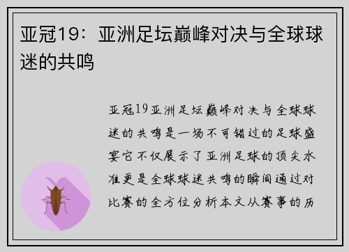 亚冠19：亚洲足坛巅峰对决与全球球迷的共鸣
