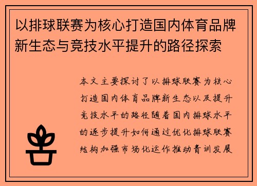 以排球联赛为核心打造国内体育品牌新生态与竞技水平提升的路径探索
