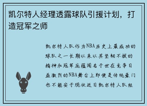 凯尔特人经理透露球队引援计划，打造冠军之师